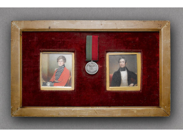 Ghuznee 1839, engraved on reverse (Captn Thos Sealy 2nd Foot). With two portrait miniatures of him, the first in uniform holding shako, the second a later portrait of him wearing civilian waistcoat and tailcoat.