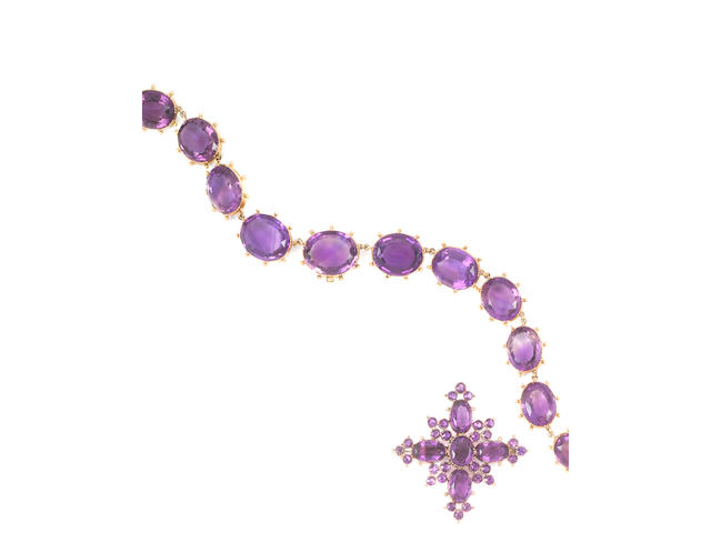 An amethyst necklace, brooch/pendant and earring suite (3)