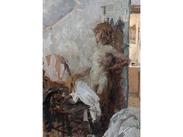 Bernard Dunstan, R.A. (British, born 1920) Dressing front of door - Light, in Bathroom I (Stretching)
