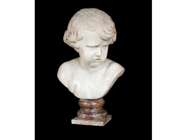 Manner of Fran&#231;ois Duquesnoy (Flemish, 1597-1643): An 18th century carved marble bust of a putto