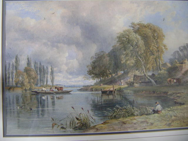 George Arthur Fripp, 1813-1896, Extensive River Landscape, with figures in a ferry boat and fishing, watercolour, signed and dated ?1854,