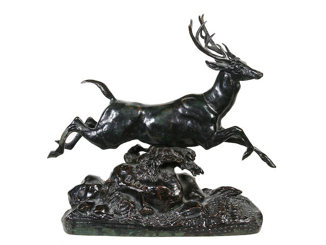 Antoine-Louis Barye (French, 1795-1875): A bronze model of leaping stag