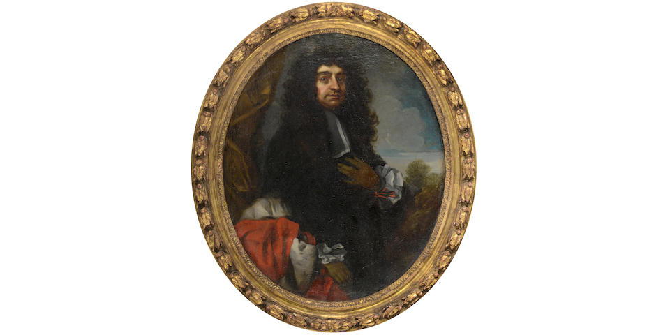 Studio of Antonio Verrio (Lecce circa 1639-1707 Hampton Court) Portrait of a gentleman, three-quarter length, in black robes standing before a gold curtain, a landscape beyond