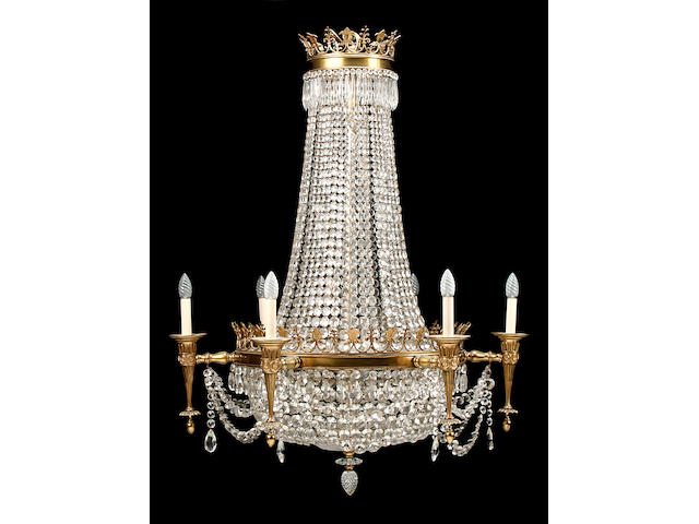 A large Empire style ormolu and cut glass tent and bag chandelier