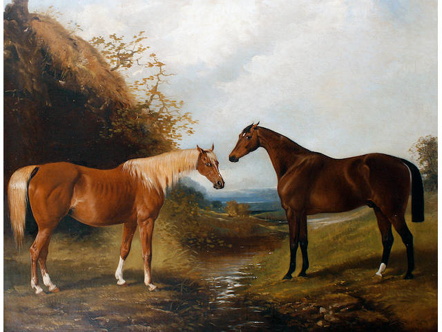 Henry Barraud (British, 1811-1874) A Bay and Chestnut horse in a landscape