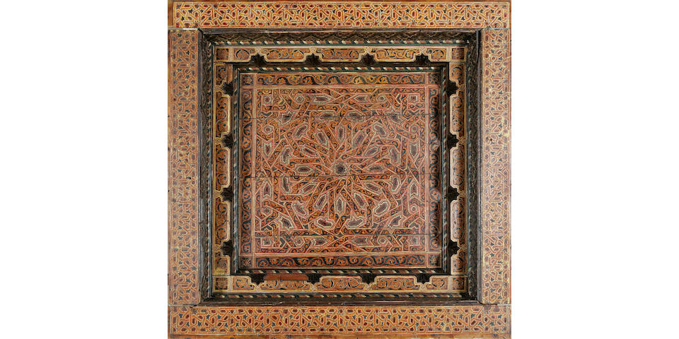 A massive Mud&#233;jar style polychrome painted wood ceiling Panel Tunisia, 17th Century