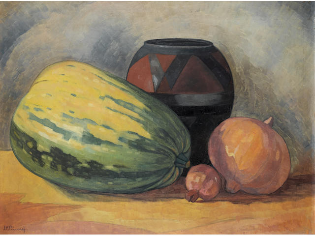 Jacob Hendrik Pierneef (South African, 1886-1957) Still life of gourds, a pomegranate and an African clay pot