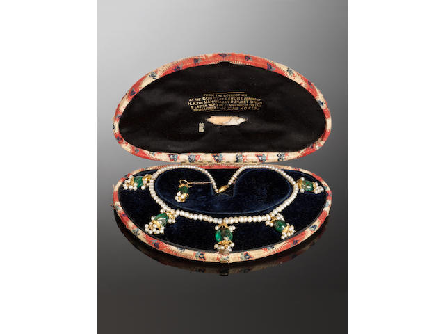 An important emerald and seed-pearl Necklace from the Lahore Treasury, worn by Maharani Jindan Kaur (1817-63), wife of Ranjit Singh, the Lion of the Punjab (1780&#8211;1839) Lahore, first half of the 19th Century