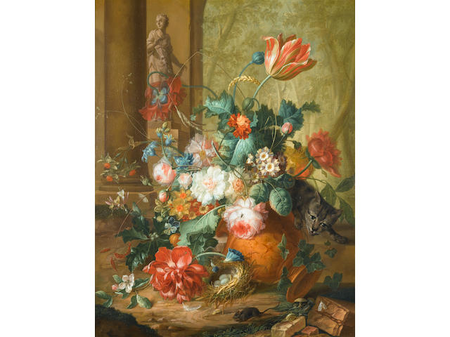 Johannes Christianus Roedig (The Hague 1751-1802) Tulips, roses and other flowers in a classical urn overturned by a cat chasing a mouse with a statue of Flora beyond; and Peaches, grapes, pumpkins, a lemon, a pomegranate and other fruit and flowers in a wicker basket on a marble plinth, with a classical urn beyond (2)