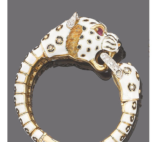 An enamel, ruby and diamond bracelet,