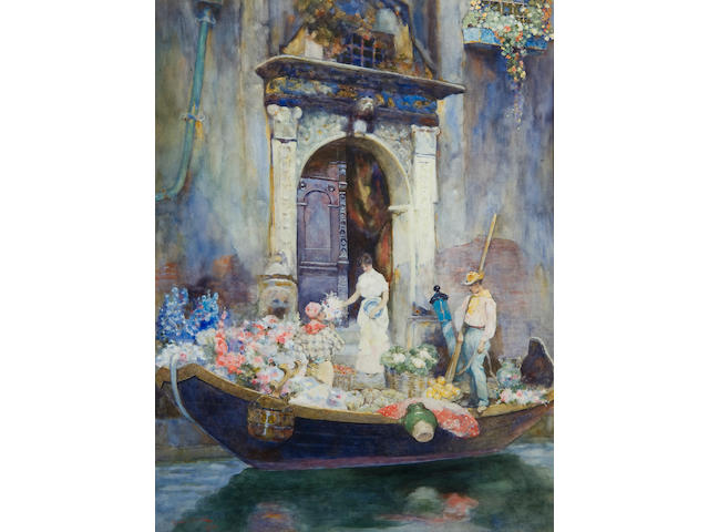 David Woodlock (British, 1842-1929) The flower sellers signed and dated 'D. Woodlock 1912', watercolour,  63 x 48cm (24 13/16 x 18 7/8in).