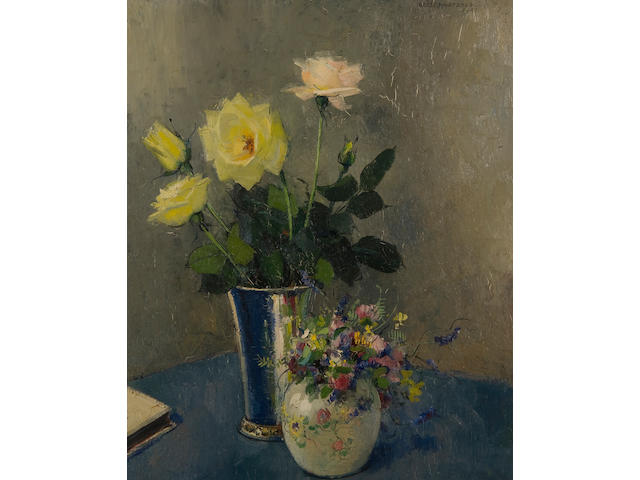 Olle Hjortzberg (Swedish, 1872-1959) Still life of roses and spring flowers in vases