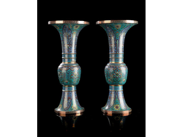 A pair of cloisonne vases, gu Bearing Xuande marks, but later