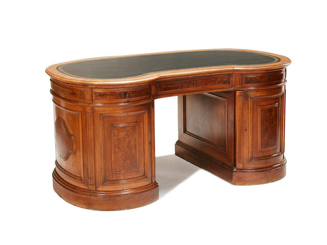 A good 19th century German walnut and burr walnut kidney shaped desk