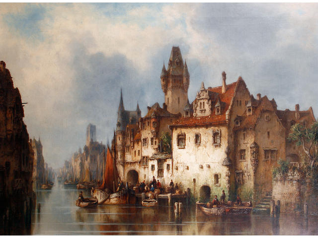 Ludwig Hermann (German, 1812-1881) A Continental canal scene