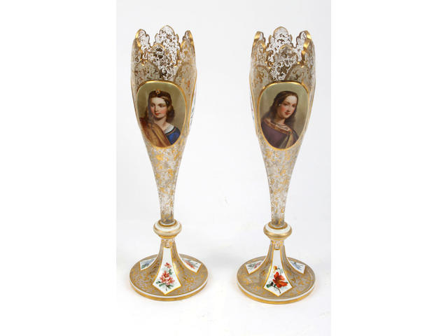 A pair of late 19th Century Bohemian glass gilt decorated slender vase,