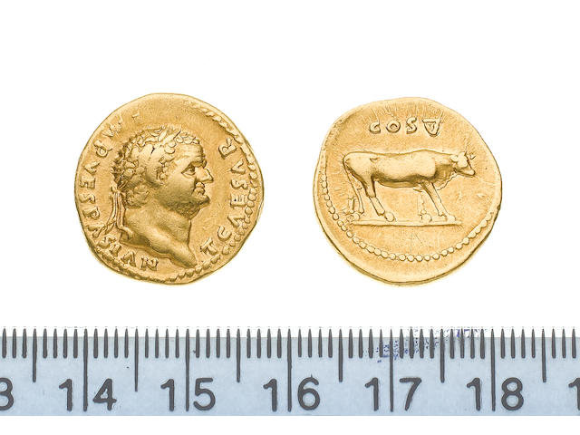 Titus, AD 76, Gold aureus of Titus as Caesar, struck under Vespasian, 7.3g, Rome mint, TCAESAR IMP VESPASIAN laureate head right,