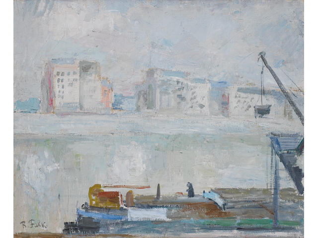 Robert Rafailovich Falk (Russian, 1886-1958) Riverside scene with crane and barge