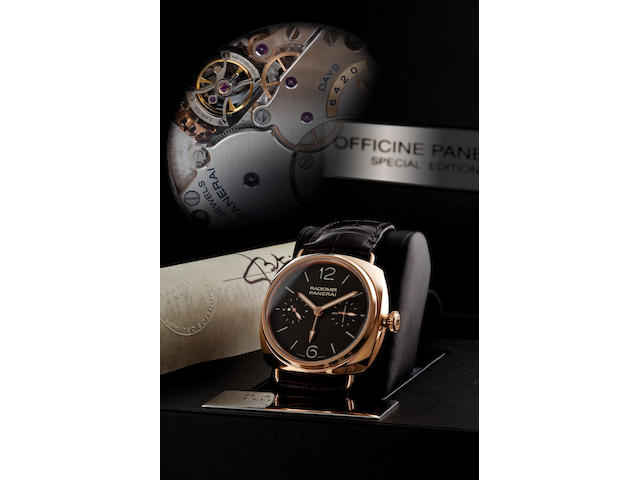 Officine Panerai. A very fine and very rare 18ct rose gold manual wind limited edition two time zone tourbillon wristwatchRadiomir Tourbillon GMT, Ref. PAM 330, Case no. BB 1384336, Limited edition no. 48/50, Circa 2009
