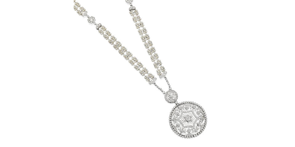A Belle &#201;poque pearl and diamond sautoir