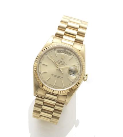 Rolex. An 18ct gold automatic bracelet watchDay-Date, reference: 18238, case number: L432101, circa 1989