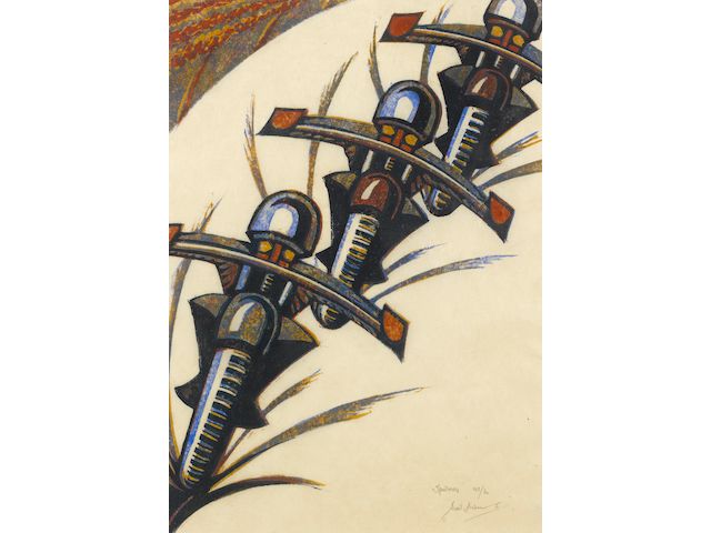 Sybil Andrews, CPE (British/Canadian, 1898-1993) Speedway Linocut, 1934, printed in raw sienna, venetian red, permanent blue, Chinese blue, on cream oriental laid, signed, dated and numbered 43/60 in pencil, 326 x 233mm (12 3/4 x 9 1/8in)(B)
