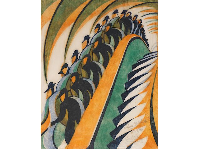 Cyril Edward Power (British, London 1872-1951) Whence & Whither? Linocut printed in Chinese orange, viridian, permanent blue and dark blue, c.1930, on buff oriental laid tissue, signed, titled and numbered 16/50 in pencil, with margins, 310 x 240mm (12 1/8 x 9 3/8in)(B)