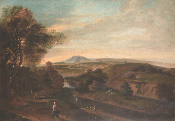 Bonhams : Follower of Gaspard Dughet Figures in a classical landscape ...