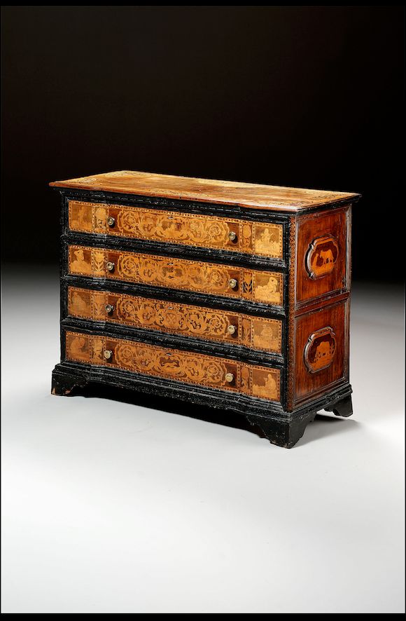 Bonhams : An 18th century walnut, ebonised and fruitwood marquetry ...