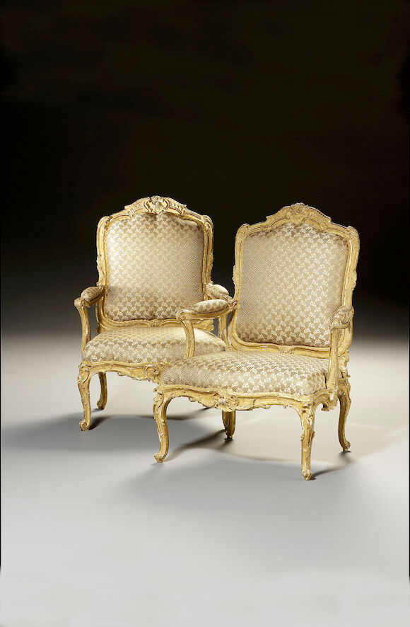 Bonhams : A pair of fine Louis XV carved giltwood Fauteuils à la reines,
