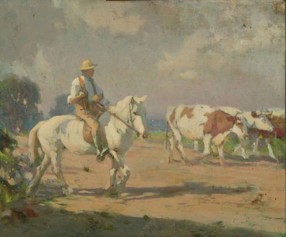 Bonhams : Fred Hall - A drover on horseback with cattle.