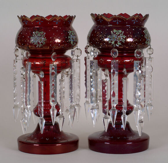 Bonhams : A pair of Victorian ruby glass table lustres of baluster form