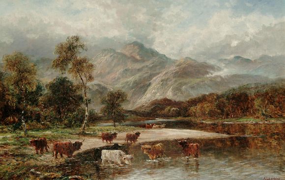 bonhams-a-lewis-highland-cattle-watering-in-a-landscape-49-x-74cm