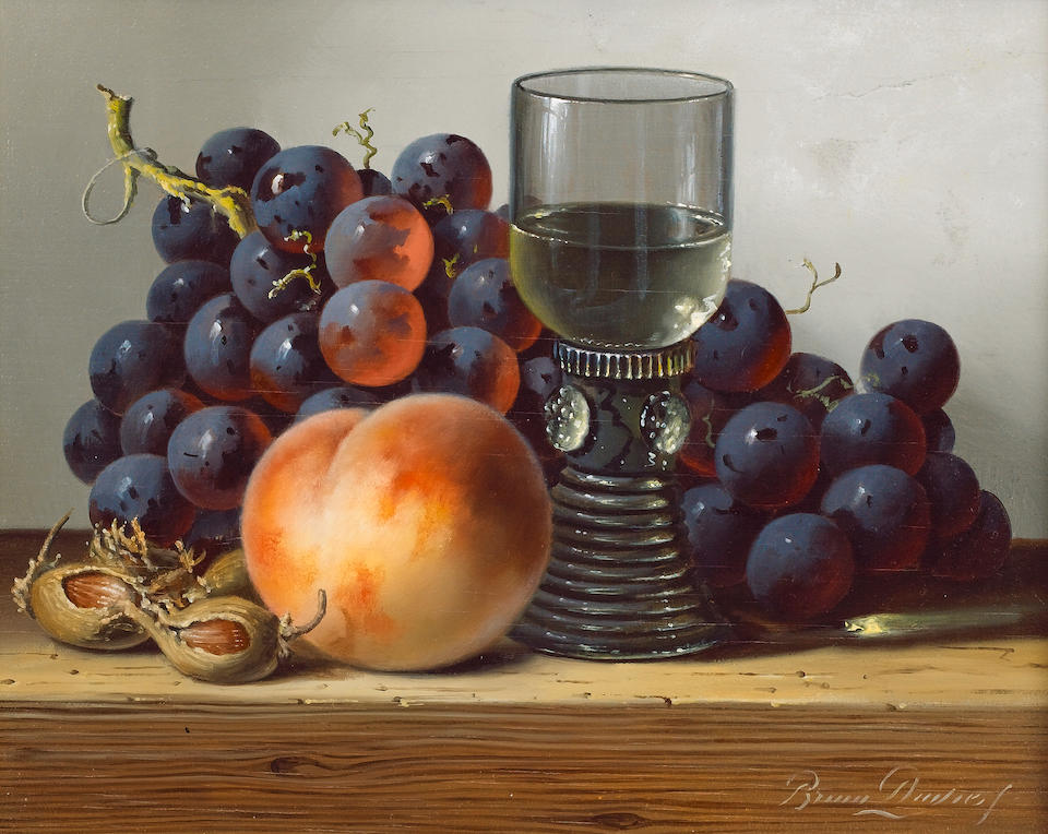 Bonhams : Brian Davies Still life of grapes, peach and rhoemer; Still ...