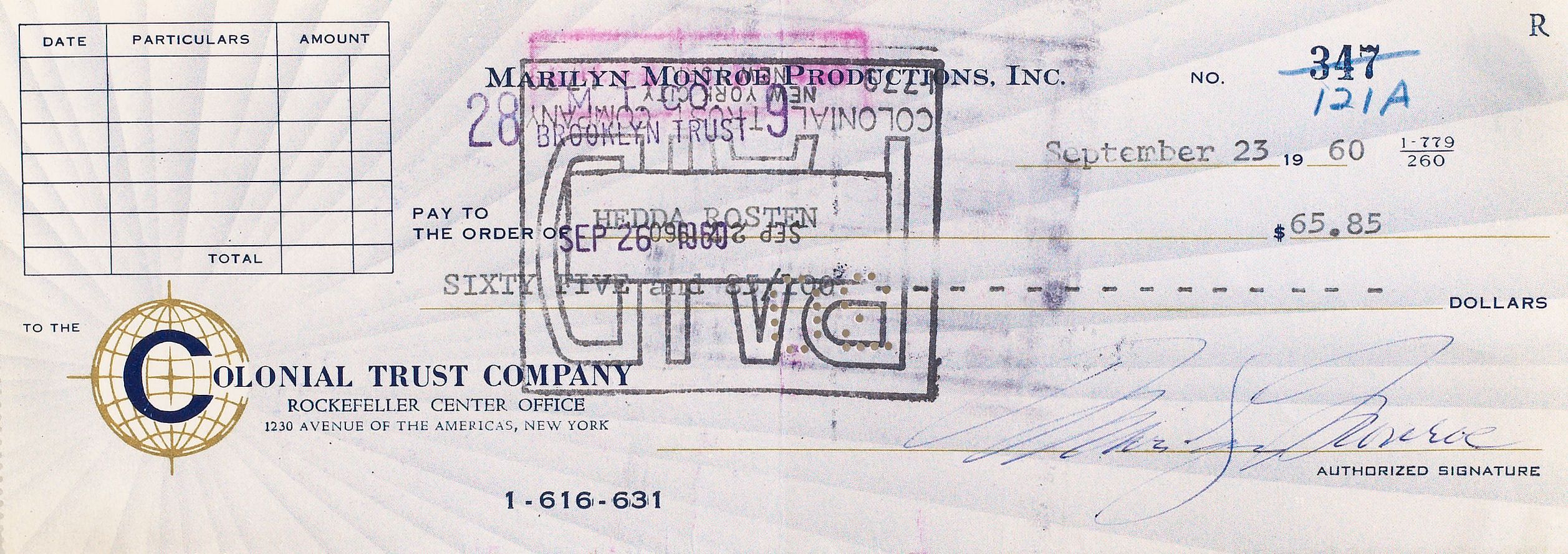 A cheque signed by Marilyn Monroe,