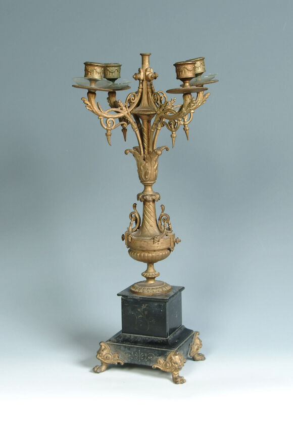 Bonhams : A gilt metal four light candelabra