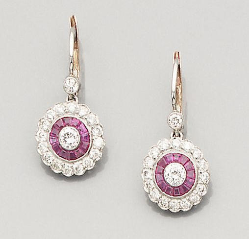 Bonhams : A pair of ruby and diamond earpendants