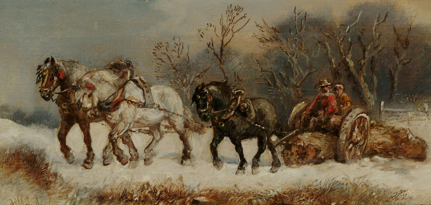 Sold at Auction: Harden S. Melville, Harden Sidney Melville Oil on canvas,  work horses hauling logs