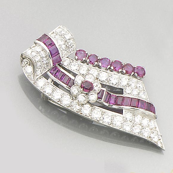 A ruby and diamond clip brooch