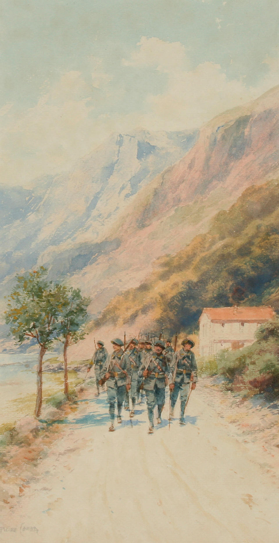 Bonhams : Pierre Comba Soldiers Marching Through A Winter Landscape 