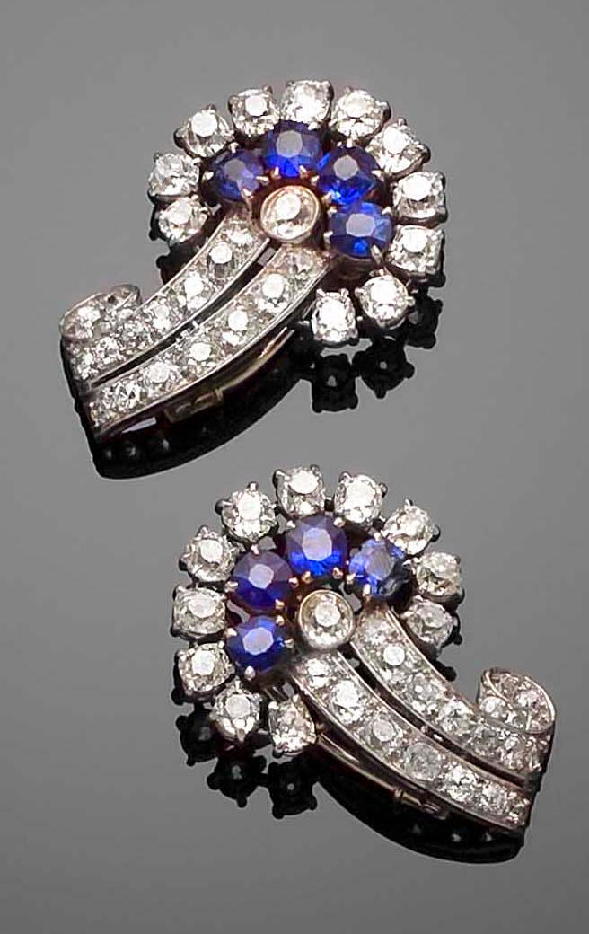 Bonhams : A pair of art deco sapphire and diamond clips by Cartier, London