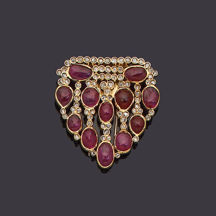 A ruby and diamond clip brooch