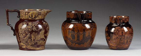 Bonhams : Three yellow printed brownware jugs, circa 1805-10,