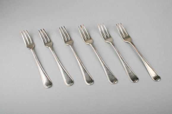 Bonhams : A set of six George III three pronged Old English thread ...