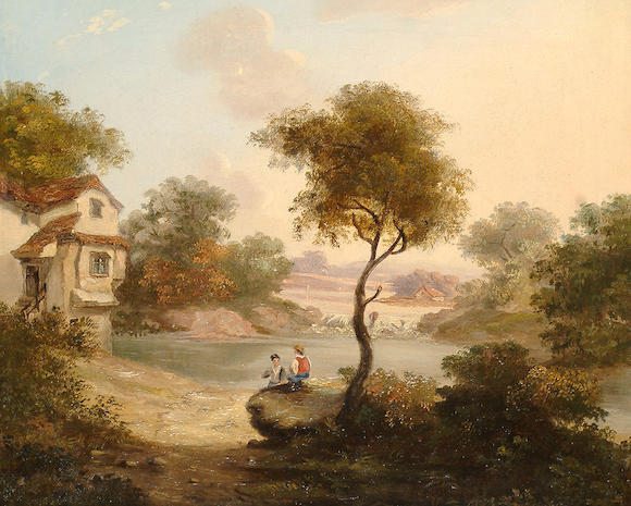 Bonhams : English School, early 19th Century Conversation at the lake ...