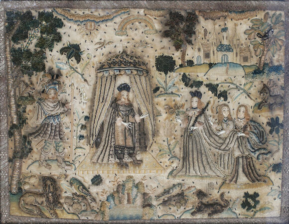 Bonhams : A mid to late 17th century English stumpwork embroidered panel