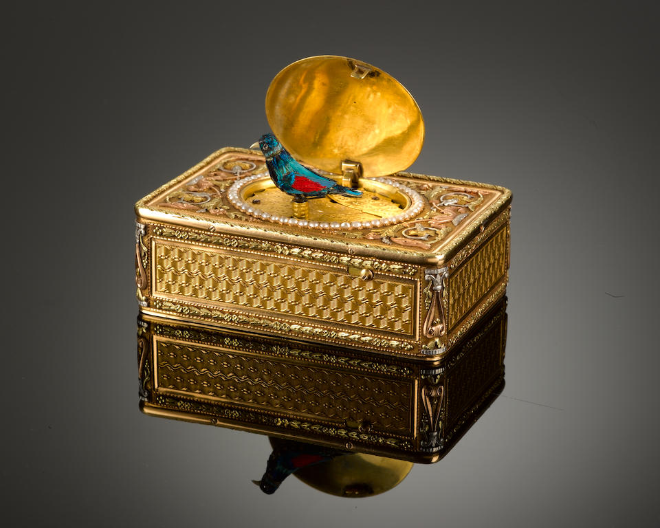 Bonhams : A fine four coloured gold singing bird box attributed to ...