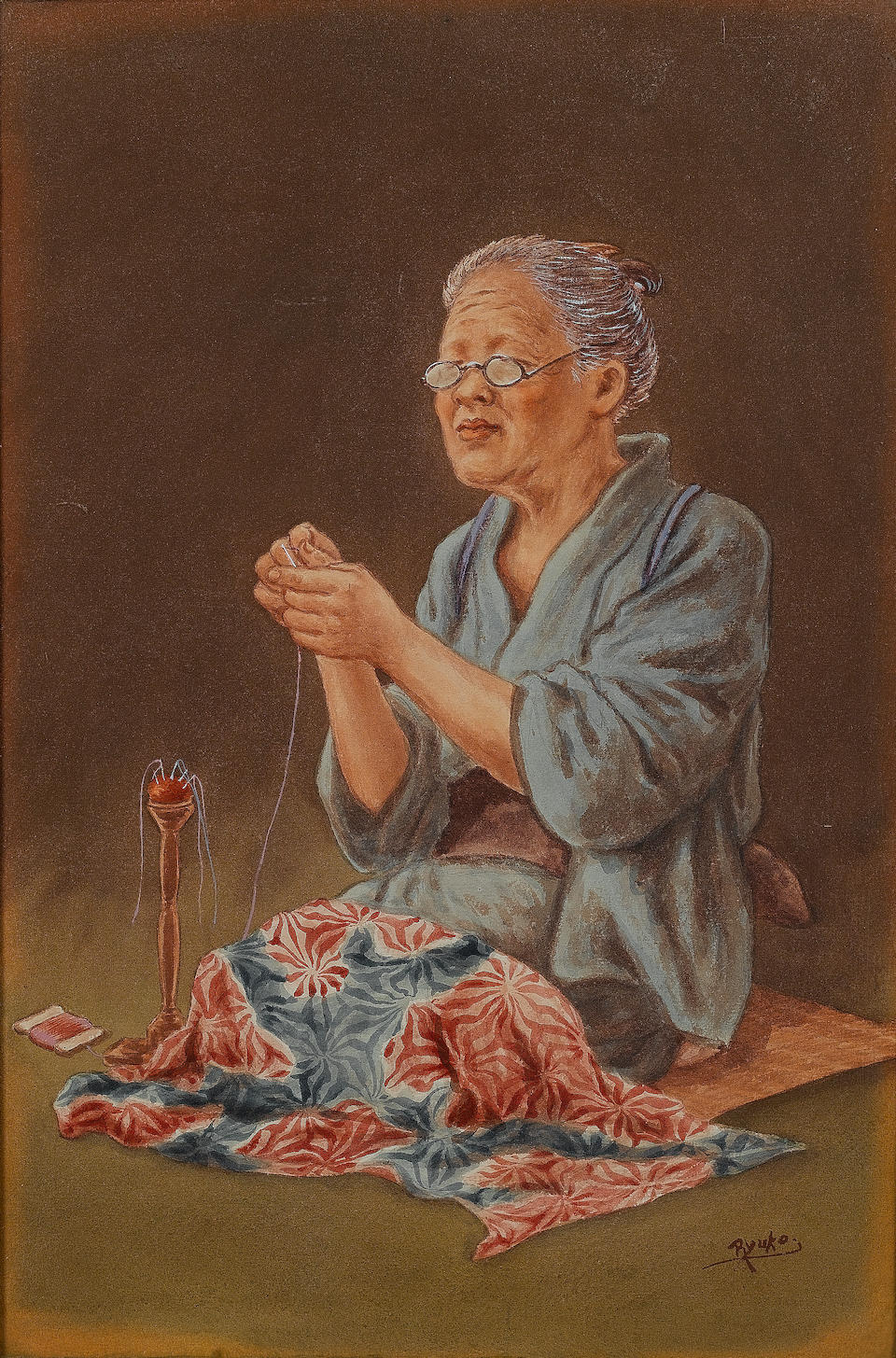 Bonhams Tsutaya Ryuko Japanese 1868 1933 A Japanese Lady Sewing A Japanese Gentleman Reading A Pair 50 X 33 5 Cm 19 X 13 In Each 2