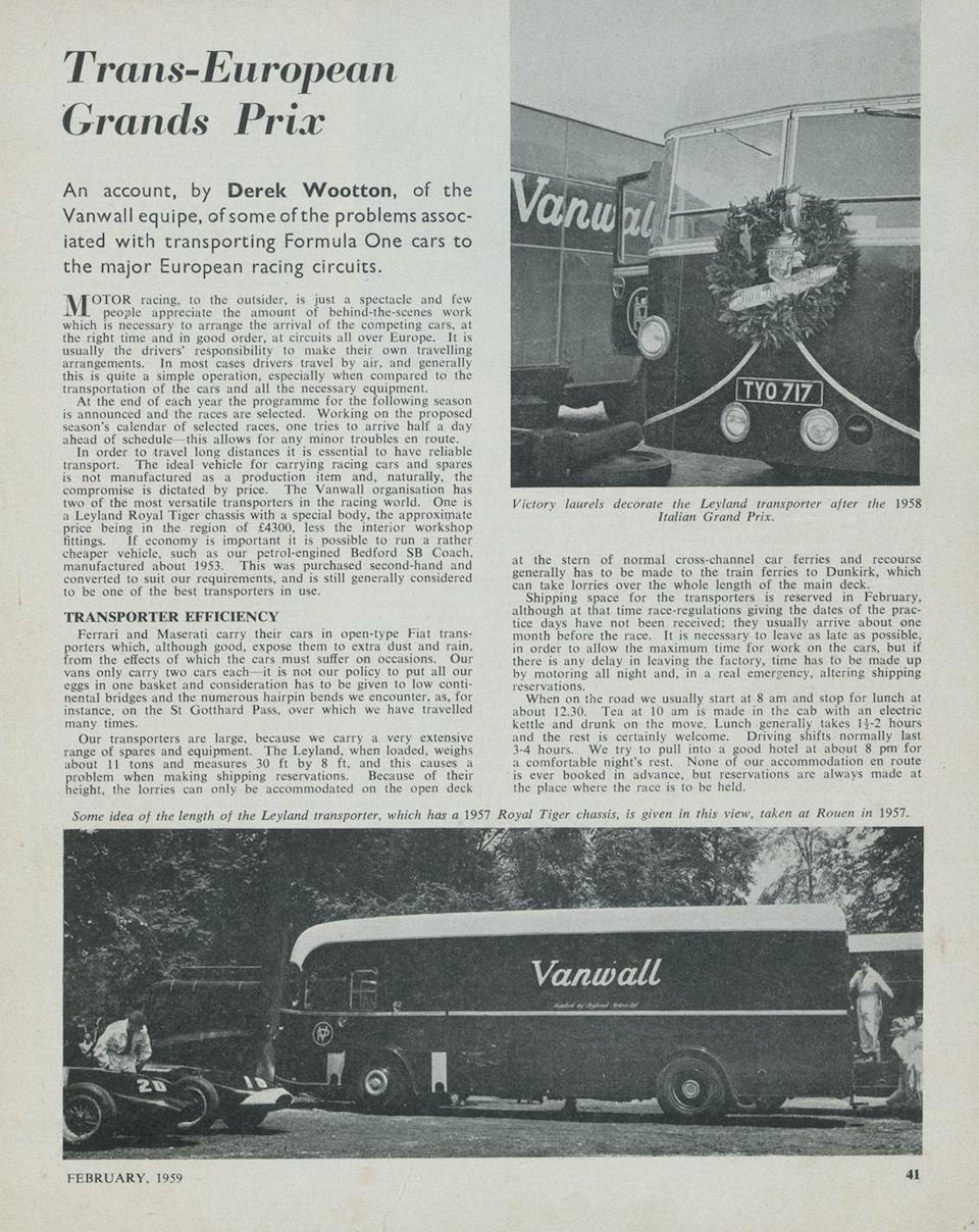 The Ex-Vandervell Products Vanwall Formula 1 Team,Leyland Worldmaster Series Royal Tiger Grand Prix Car Transporter  Chassis no. 5708914RT32399