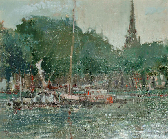 Tom Coates Rural Bonhams : Tom Coates (British, b.1941) Canal with church spire beyond ...